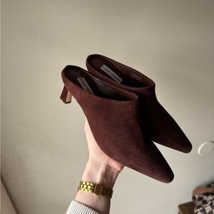 Steve Madden Niara Chocolate Suede Pointed Toe Kitten Heel Mules